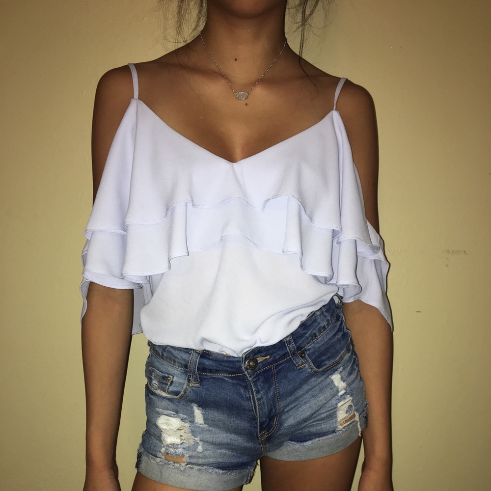 Light Blue Ruffled Off-The-Shoulder Top - Picture 3 of 5